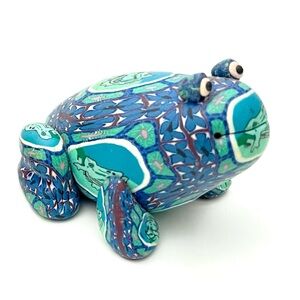 Vintage 1990's Polymer Clay Frog Shaped Stick Incense Burner - Blue/Green Toad